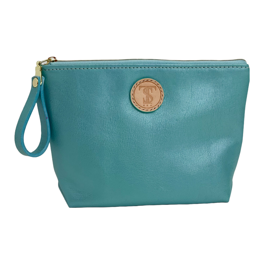 Front view T5 Cosmetics case toiletry bag designer handcrafted in smooth calf leather in turquoise.
