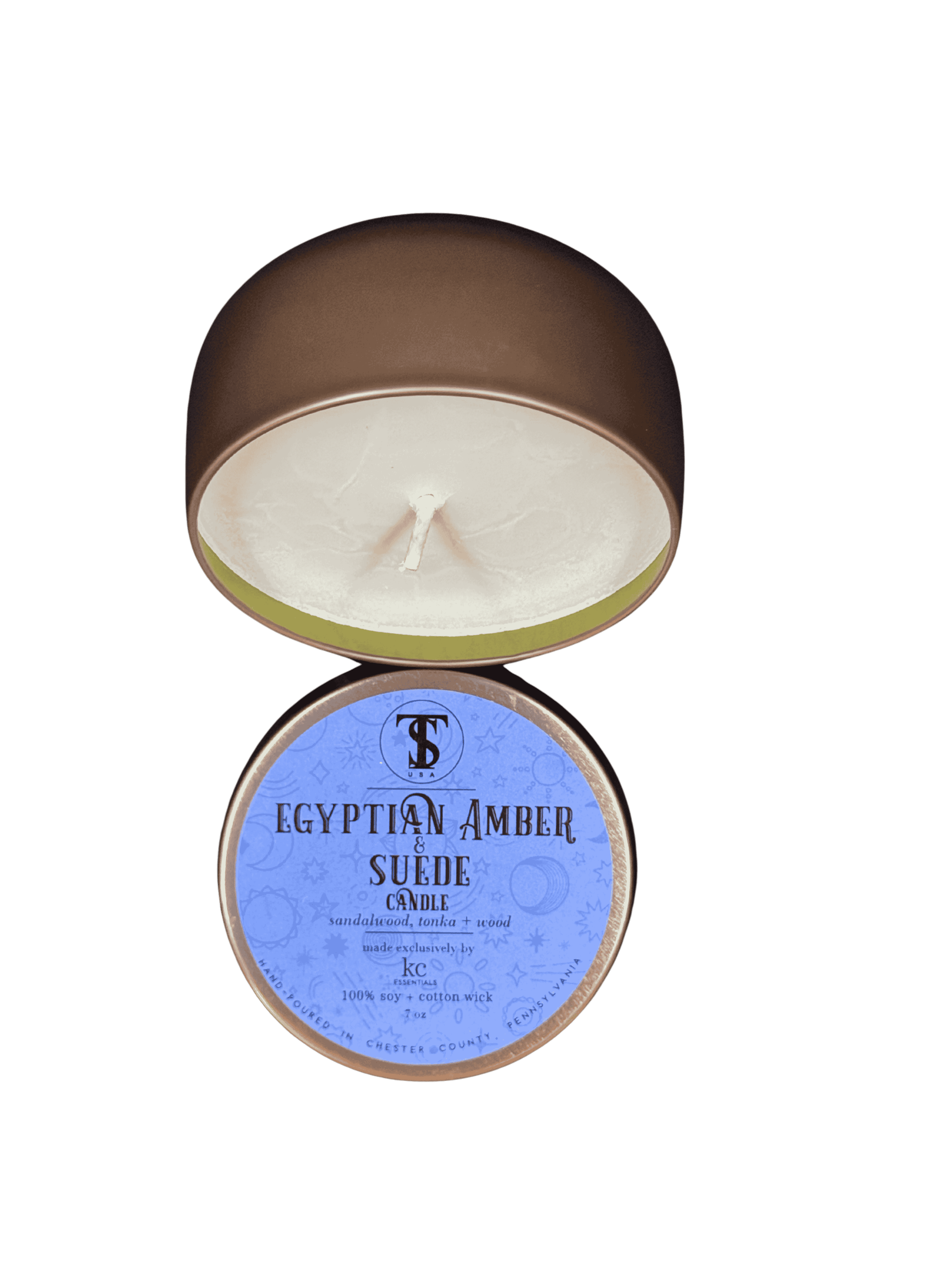 Side view of Town & Shore Handcrafted Egyptian Amber & Suede Candle open with Bronze Metal Tin and the Lid on the side. Photo property of Town & Shore Apparel, All rights reserved