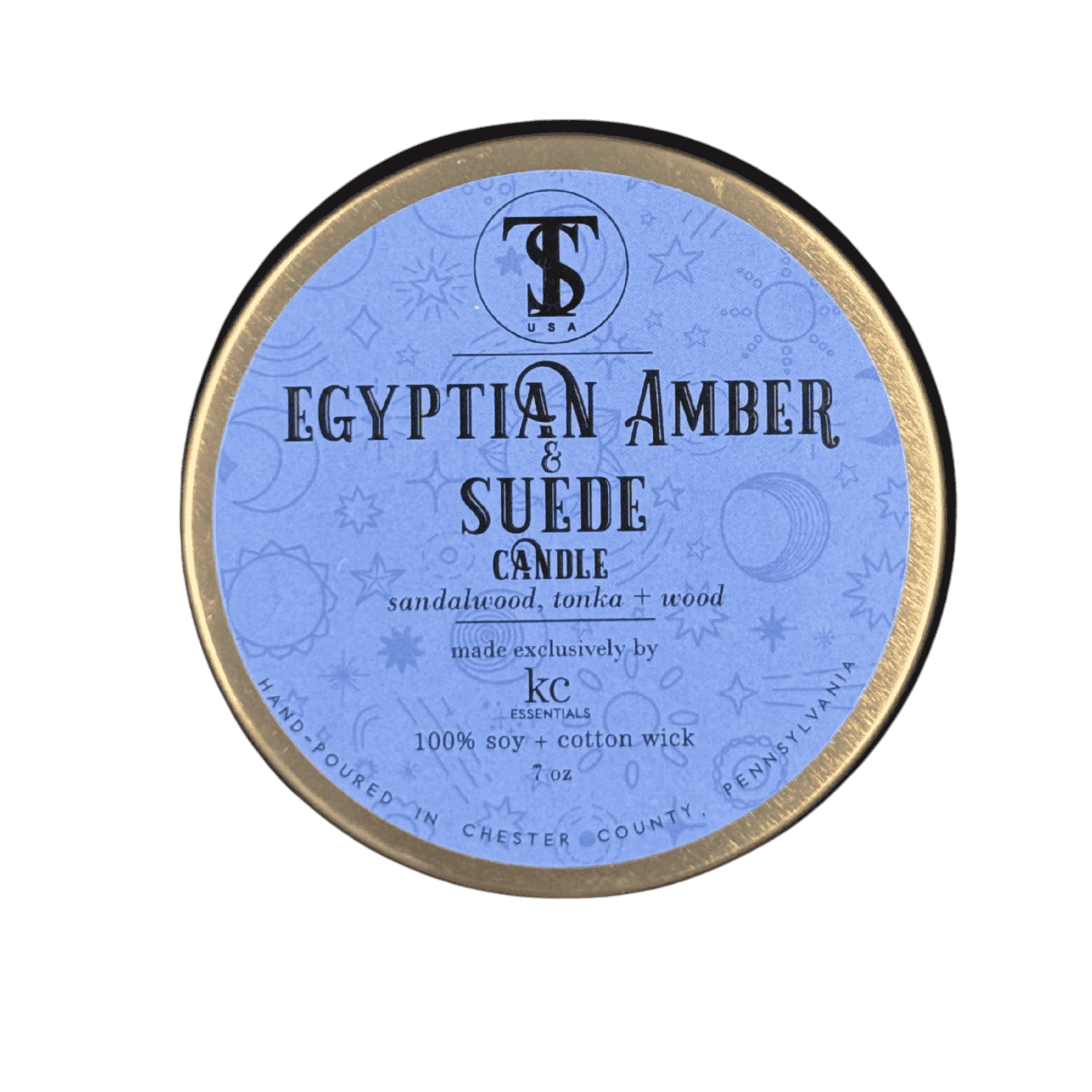 Label view of Town & Shore Handcrafted Egyptian Amber & Suede Candle in Bronze Metal Tin with Lid. Photo property of Town & Shore Apparel, All rights reserved