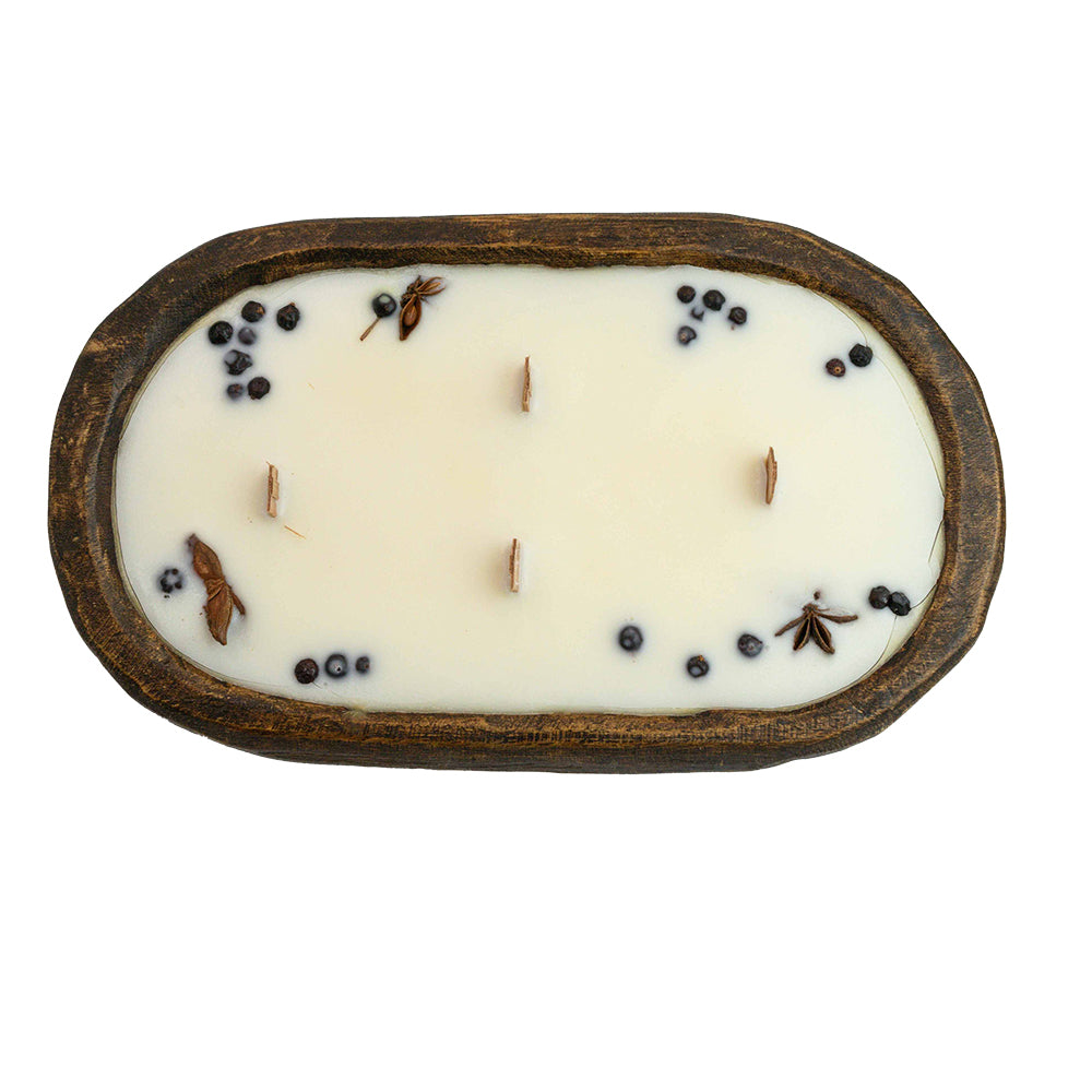 Top view of Large table table size Pumpkin Spice soy wax candle from KC Essentials in hand carved walnut brown wood dough bowl . Great for display for Thanksgiving or holiday decorating.