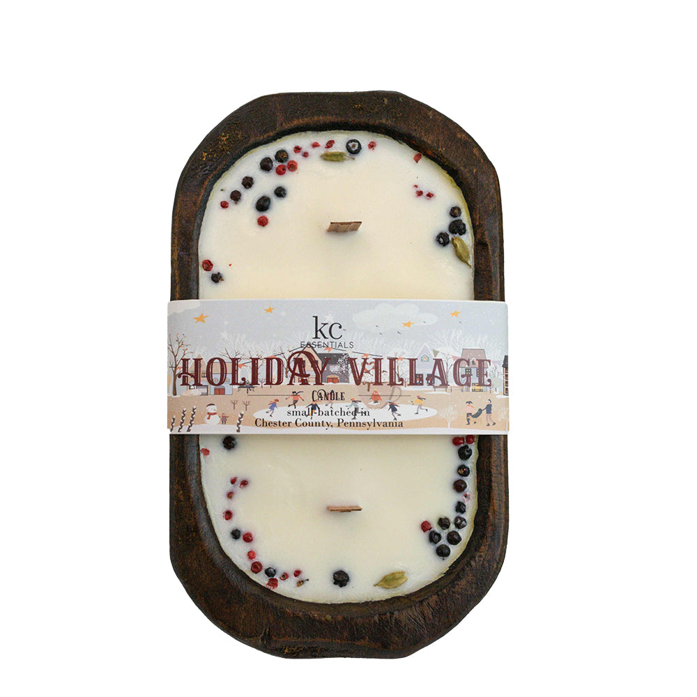 Large table table size Holiday Village soy wax candle from KC Essentials in hand carved walnut brown wood dough bowl . Great for display for Christmas or holiday decorating and gifts.
