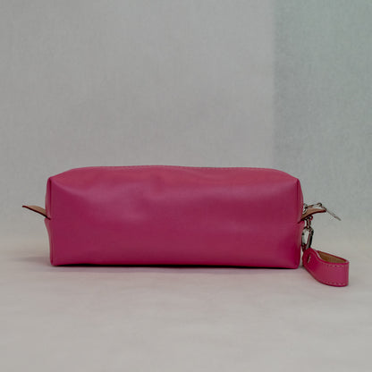 Back view of T5 bath dopp kit toiletry wash bag designer handcrafted of smooth calf leather in frosted pink.