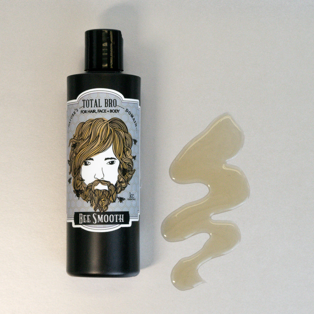 Total Bro Natures Domain total body wash and shampoo. All natural ingredients. Made in the USA. Black bottle with bearded man on front. Sample of clear body wash shown next to bottle.