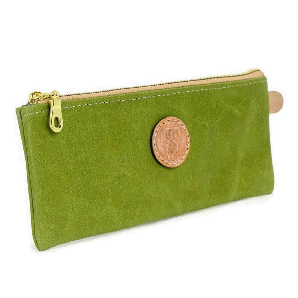 Front of T5 Handcrafted Leather Brush Pencil Toiletry Bag in vintage aloe green.