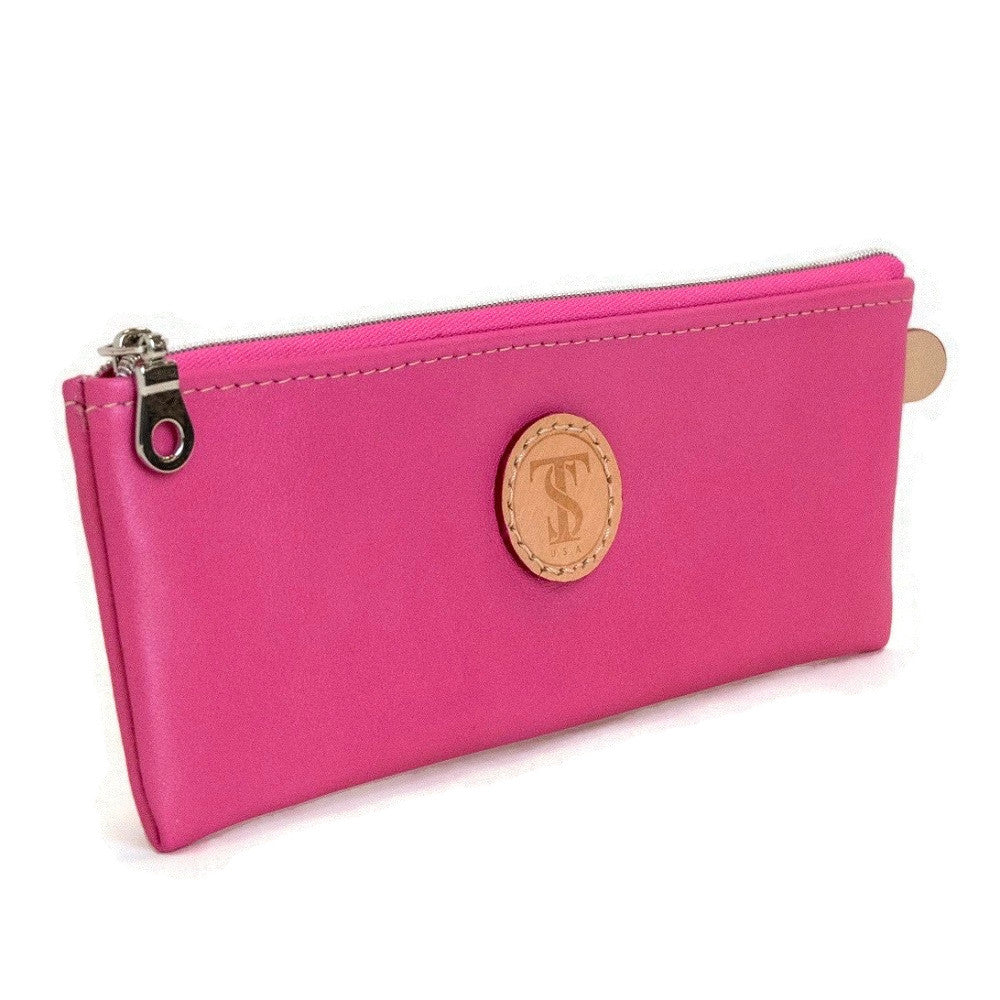 Front view of T5 Handcrafted Leather Brush Pencil Toiletry Bag in light frosted pink.