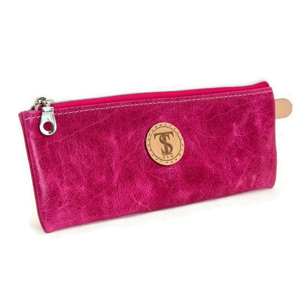 Front view of T5 Handcrafted Leather Brush Pencil Toiletry Bag in hot Barbie pink.