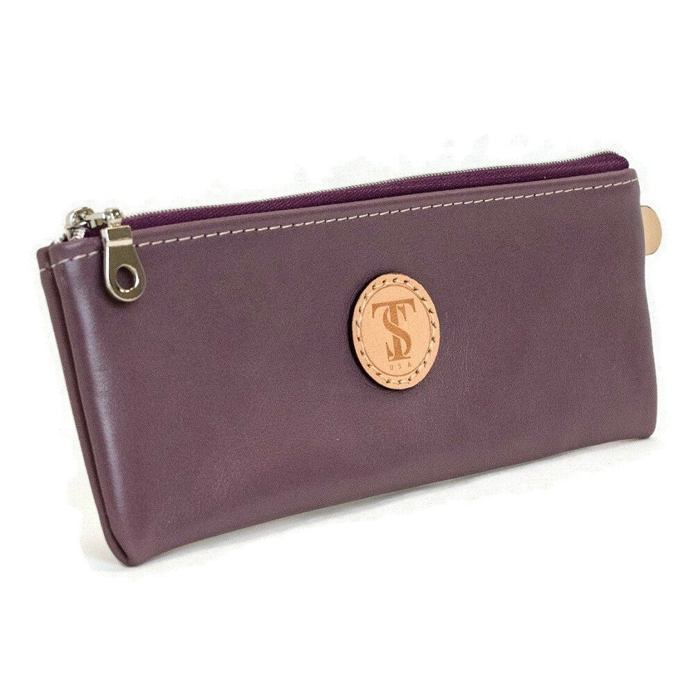 Front view of T5 Handcrafted Leather Brush Pencil Toiletry Bag in lavender purple.