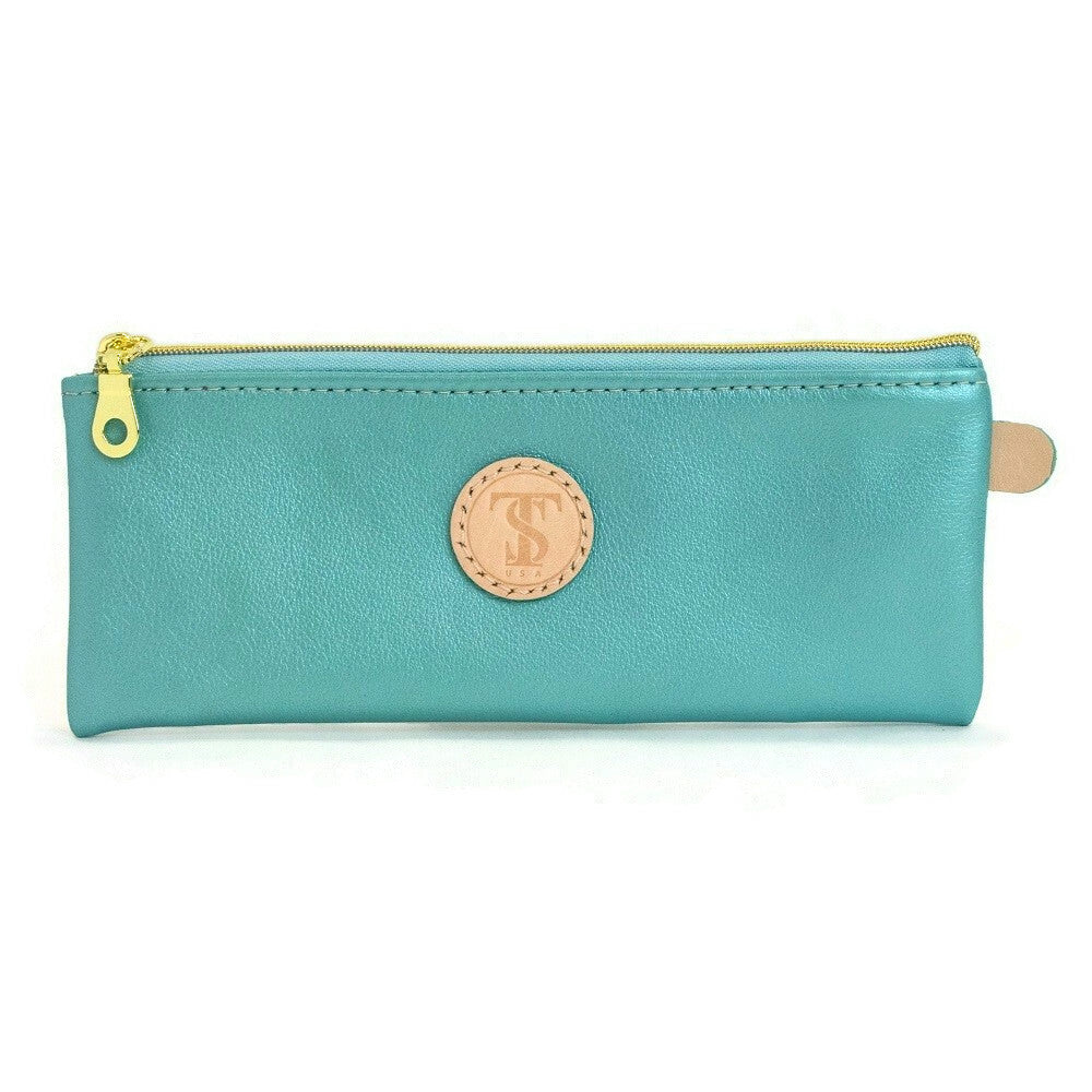 Front of T5 Handcrafted Leather Brush Pencil Toiletry Bag in turquoise.