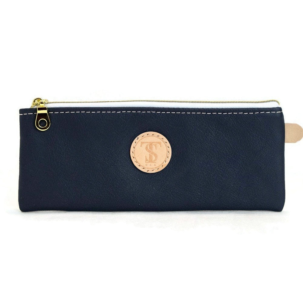 Front view of T5 Handcrafted Leather Brush Pencil Toiletry Bag in nautical navy.