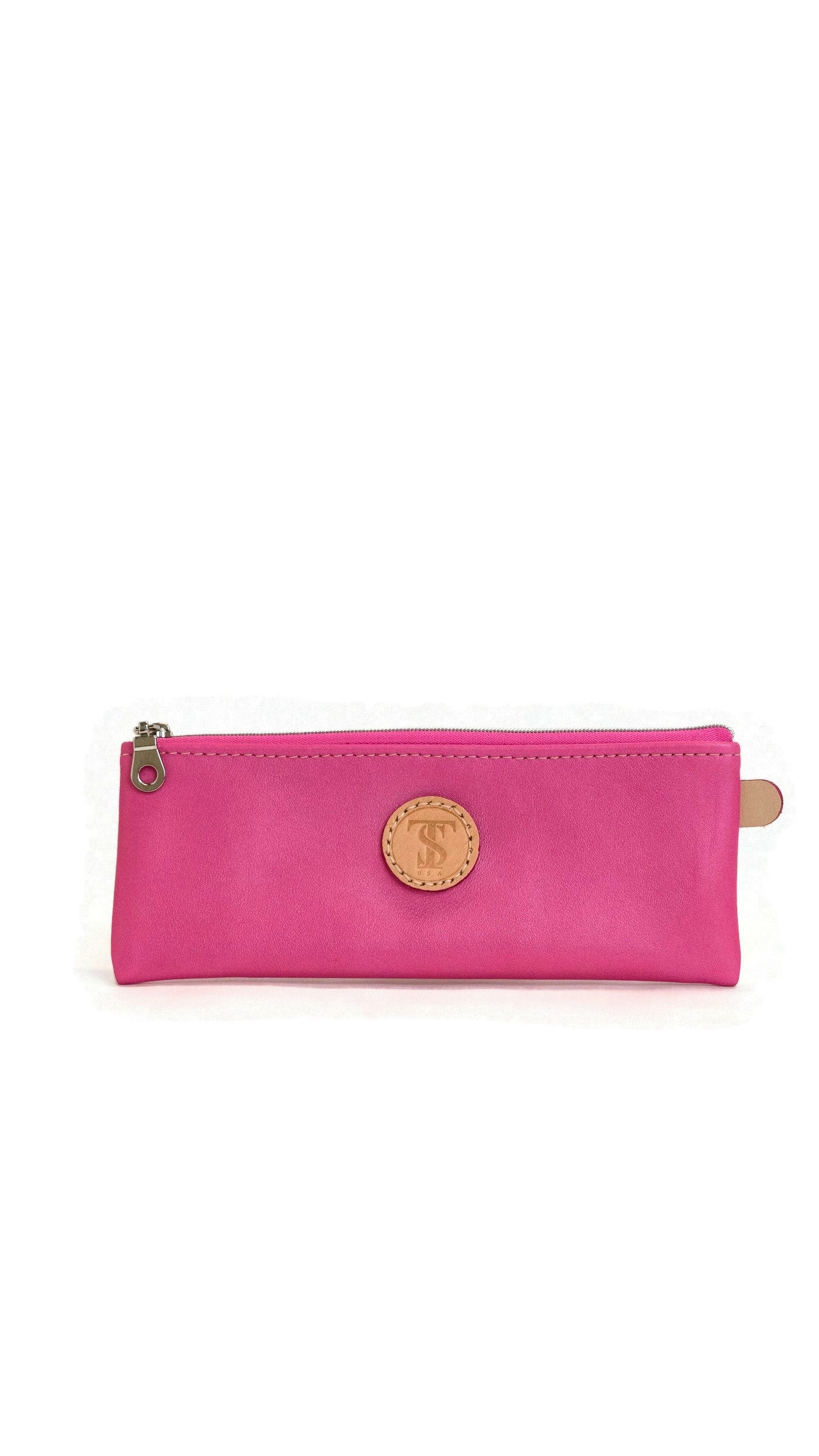 Front view of T5 Handcrafted Leather Brush Pencil Toiletry Bag in light frosted pink.