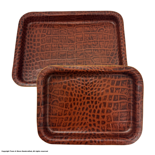 Luxury artisan handcrafted veg tan leather valet trinket jewelry watch tray set saddle tan brown croc embossed finish. Made in Wilmington Delaware USA.