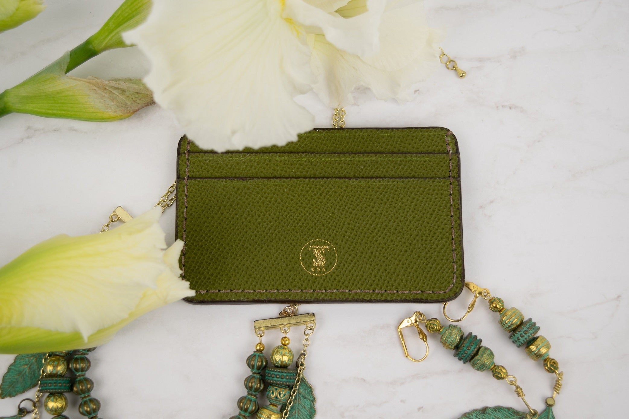 Pebbled Grain Leather Card Case in Aloe Green