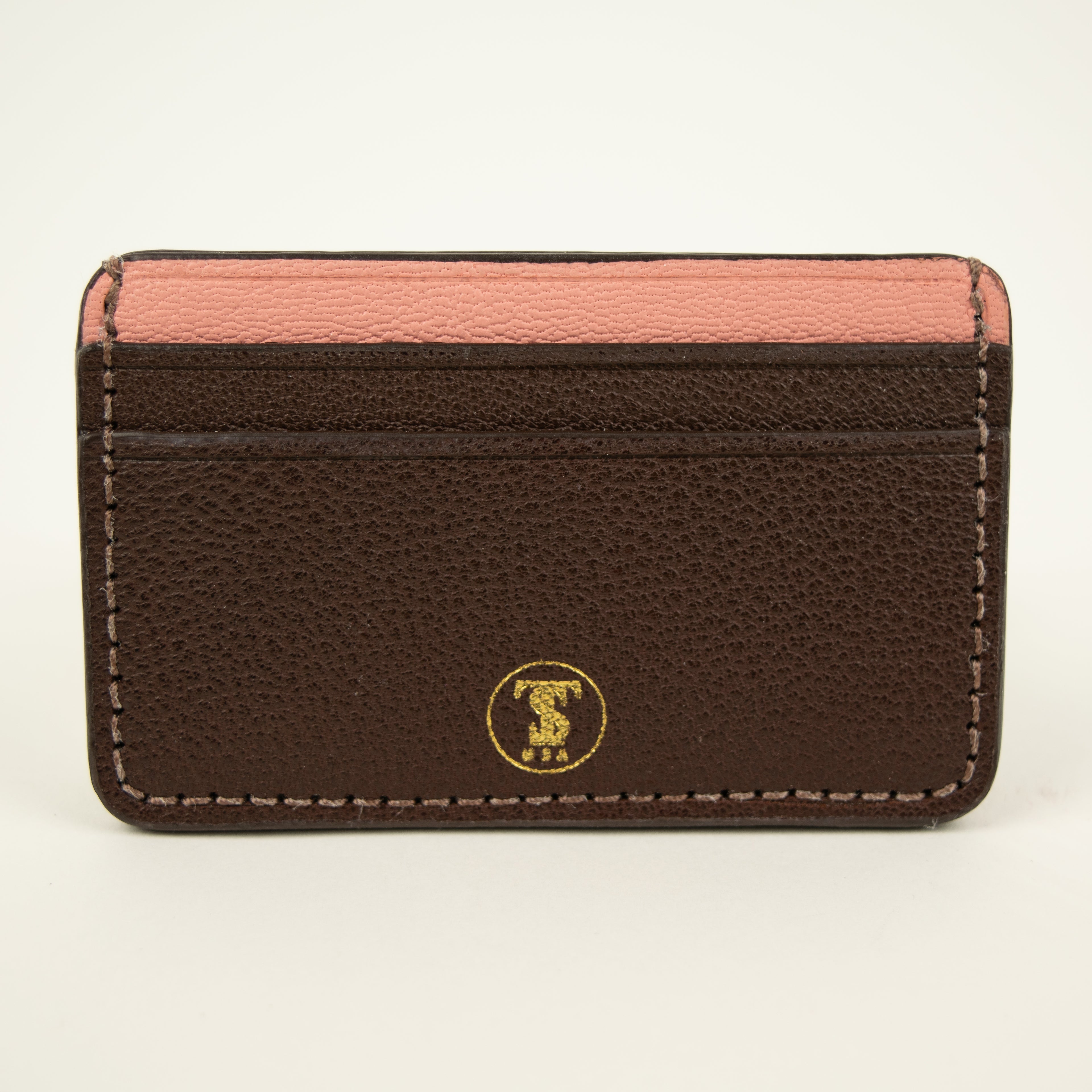 French Chèvre Leather Card Case - Limited Edition in Coral and Brown