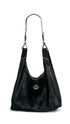 Front of Leather hobo shoulder bag in jet black hair calf & suede. Handcrafted by slow fashion indie designer Liv McClintock. Features hand laced white leather trim. Made in Wilmington Delaware USA.