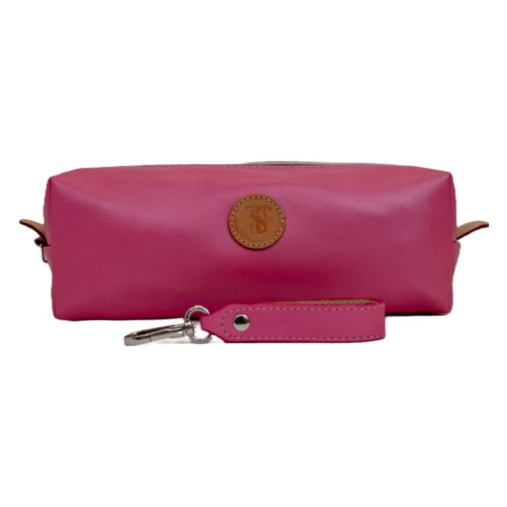 Front view of T5 bath dopp kit toiletry wash bag designer handcrafted of smooth calf leather in frosted pink.