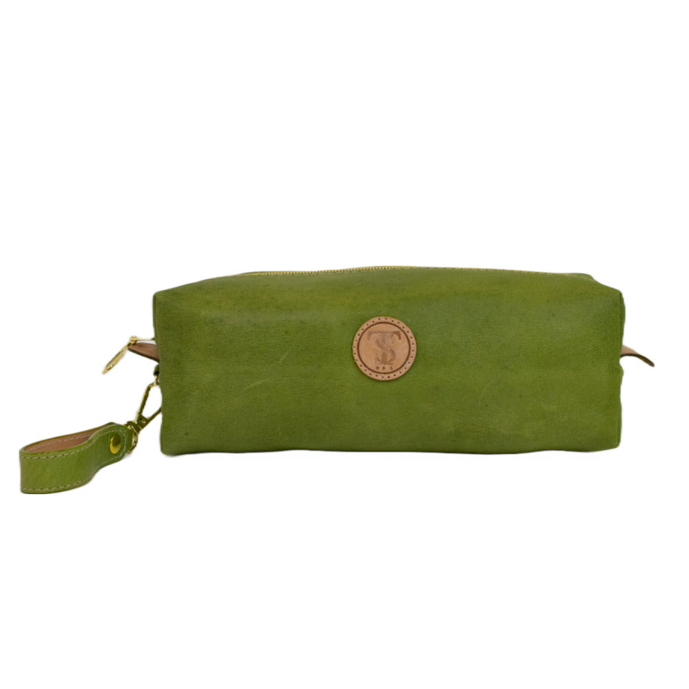 Front view of T5 bath dopp kit toiletry wash bag designer handcrafted of smooth calf leather in vintage aloe green.