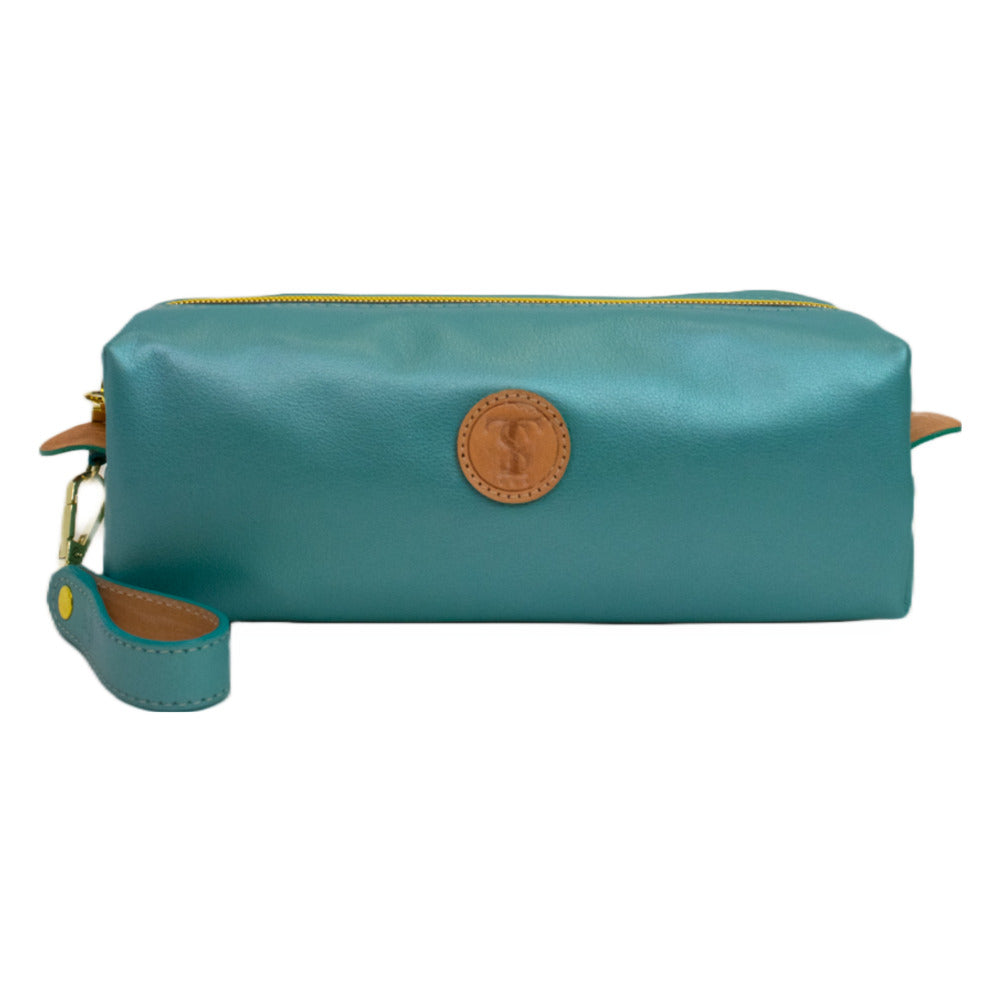 Front view of T5 bath dopp kit toiletry wash bag designer handcrafted of smooth calf leather in frosted turquoise..