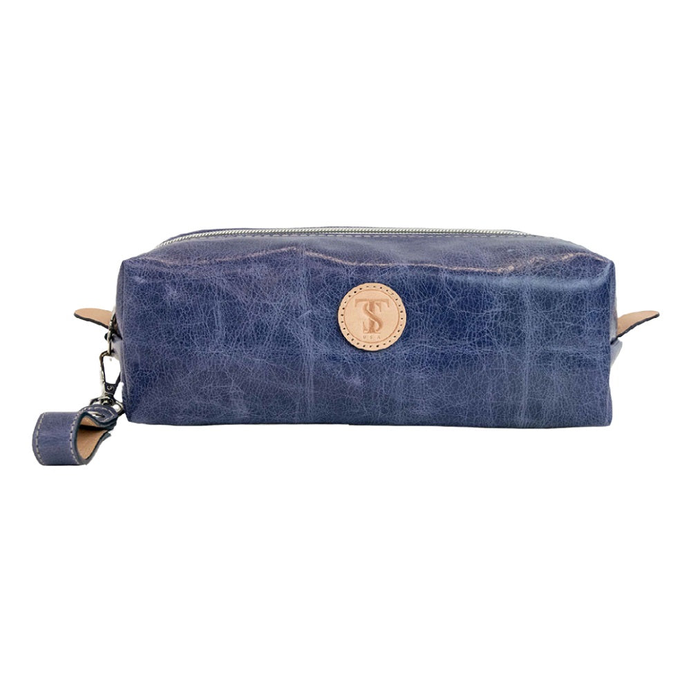 Front view of T5 bath dopp kit toiletry wash bag designer handcrafted of smooth calf leather in Atlantic denim blue