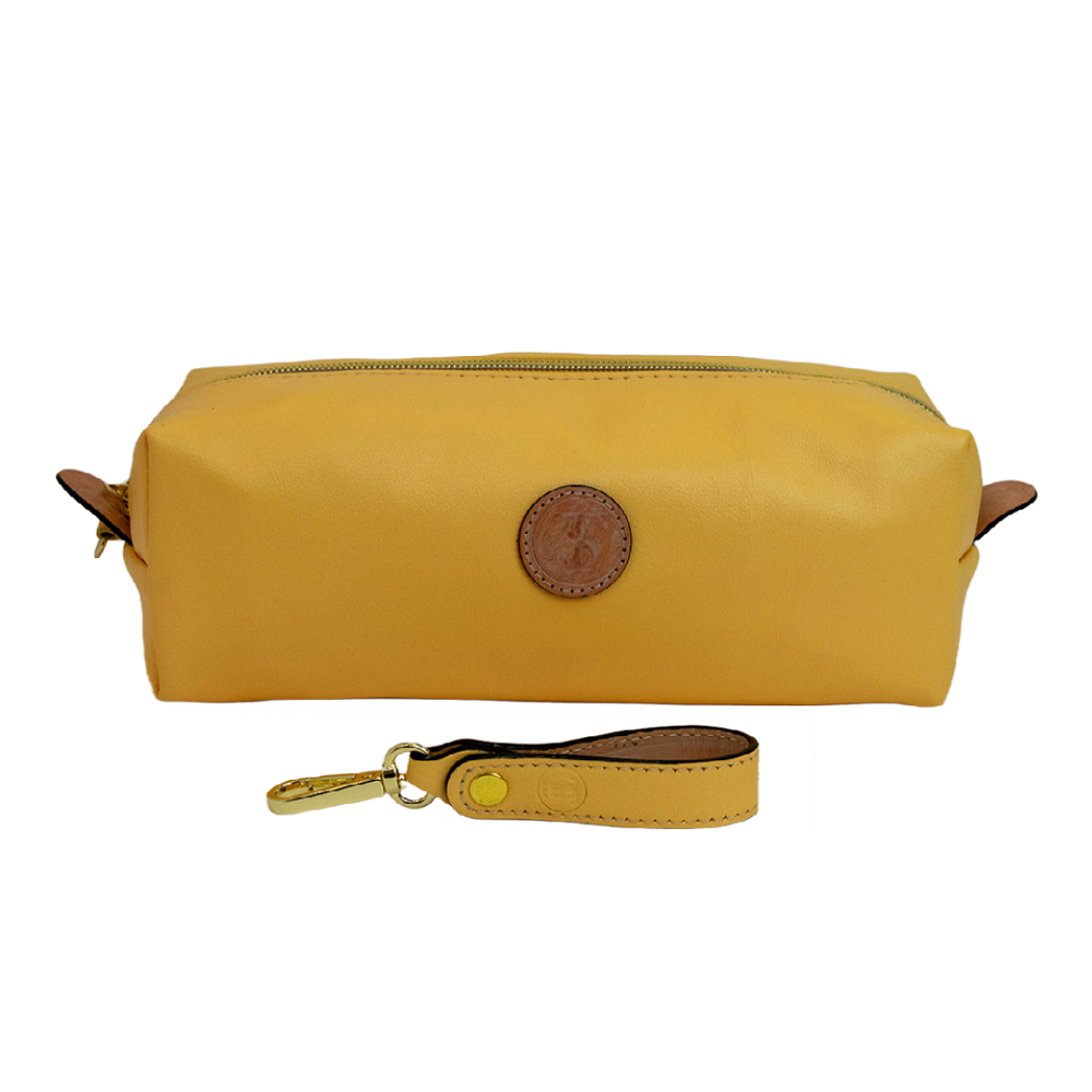 Front view of T5 bath dopp kit toiletry wash bag designer handcrafted of smooth calf leather in saffron yellow.