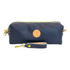 Front view of T5 bath dopp kit toiletry wash bag designer handcrafted of smooth calf leather in nautical navy blue.