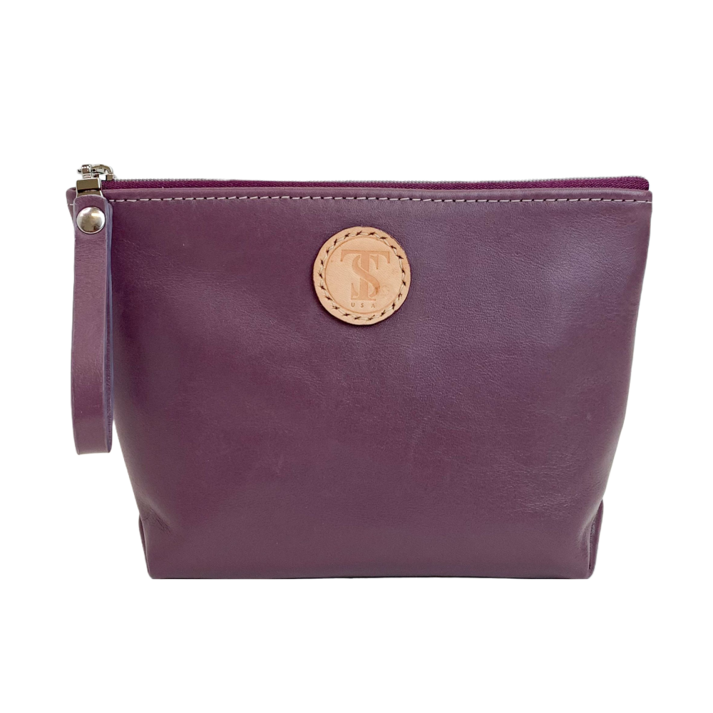 Front view T5 Cosmetics case toiletry bag designer handcrafted in smooth calf leather in lavender purple.