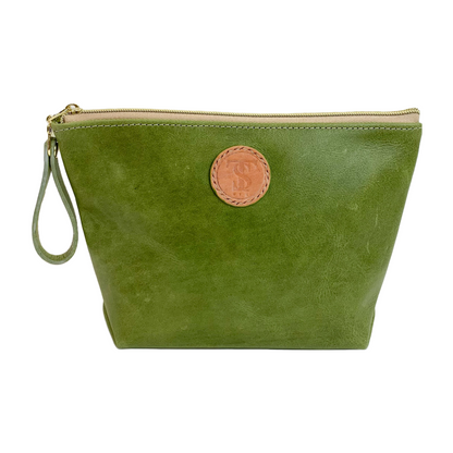 Front view T5 Cosmetics case toiletry bag designer handcrafted in smooth calf leather in aloe green.