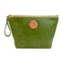 Front view T5 Cosmetics case toiletry bag designer handcrafted in smooth calf leather in aloe green.