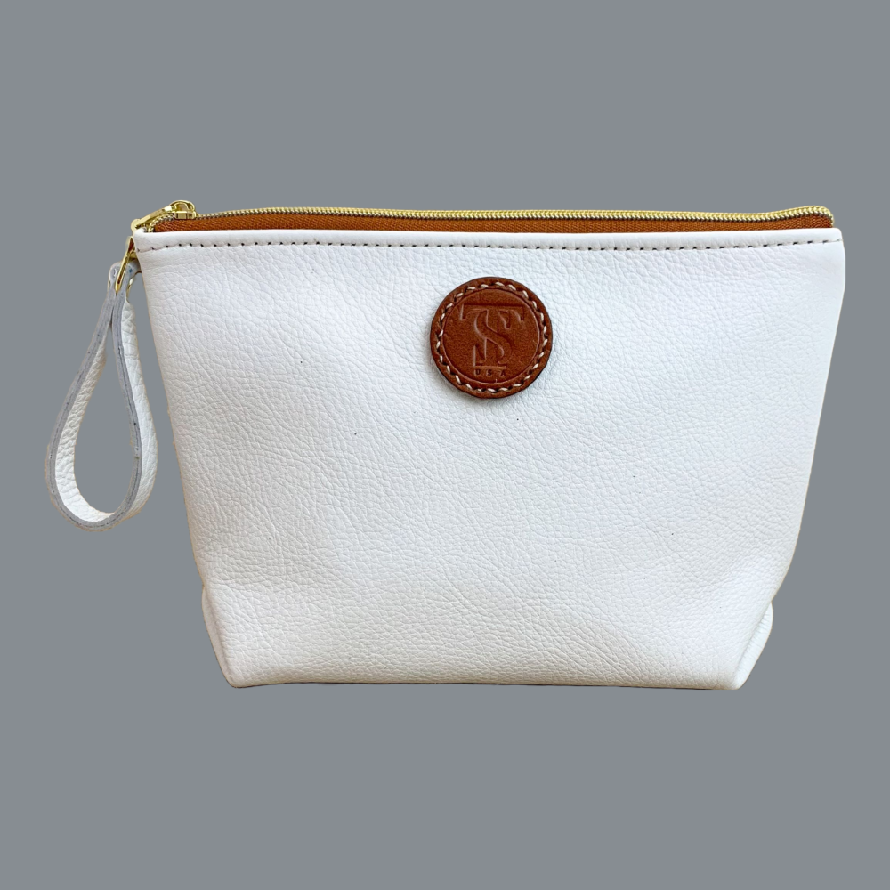 Front view T5 Cosmetics case toiletry bag designer handcrafted in smooth calf leather in yacht white..