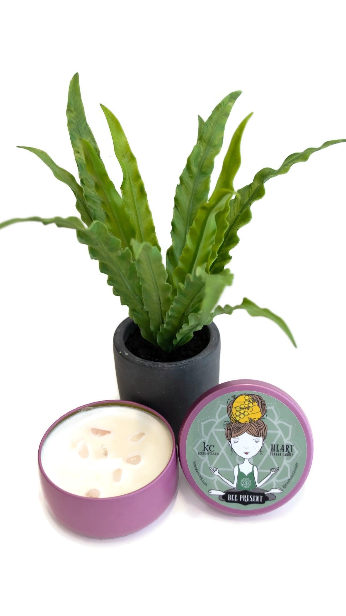 Small plant next to the Scented Heart Chakra Candle in shiny purple colored Lidded Tin with pink Rose Quartz crystals in the soy wax. Lid shows a girl in a seated yoga pose