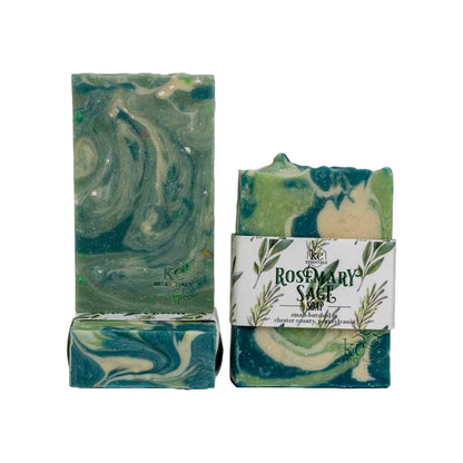 Top, unpackaged and packed view of Green Marbled Rosemary Sage Artisan Soap