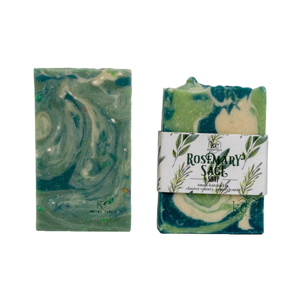 Packaged and unpackaged view Green Marbled Rosemary Sage Artisan Soap