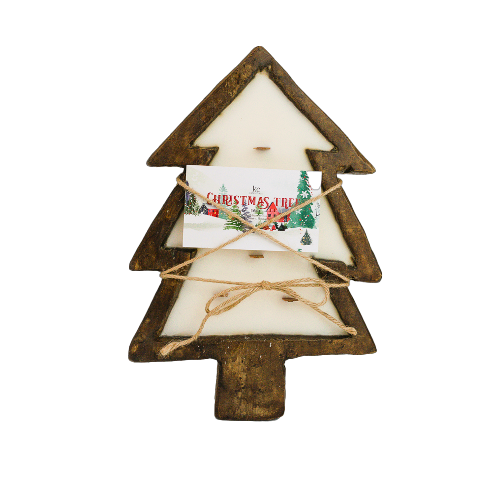 Large coffee table size Christmas tree shaped dough bowl candle carved from rich brown hardwood. Filled with natural Soy wax and 5 crackling wooden wicks. Frangrance of Douglis Fir Pine tree.
