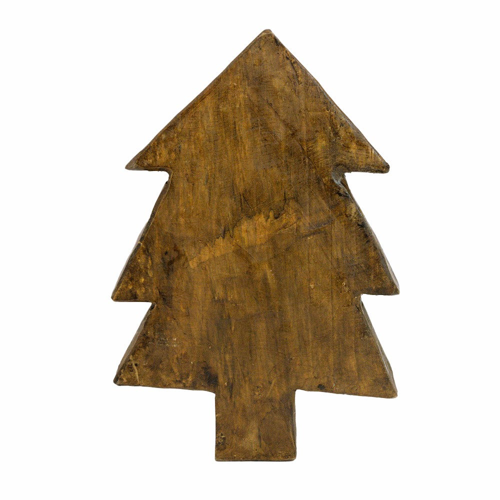 Back view of Large coffee table size Christmas tree shaped dough bowl candle carved from rich brown hardwood.