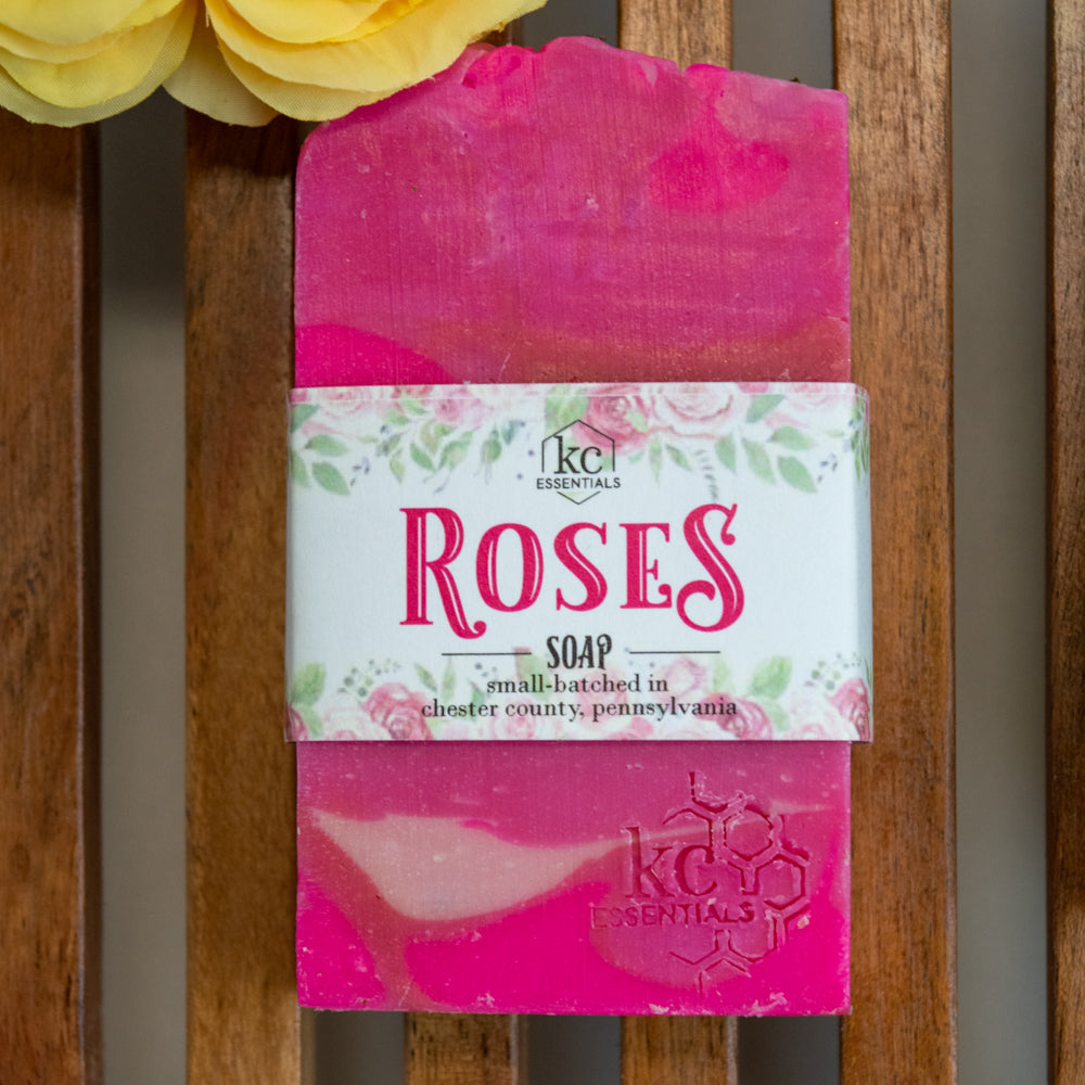 Deep shades of pink and magenta swirl together in the artisan soap bar.