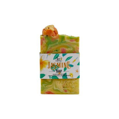 Swirls of yellow, green and orange in the marbled artisan soap bar.