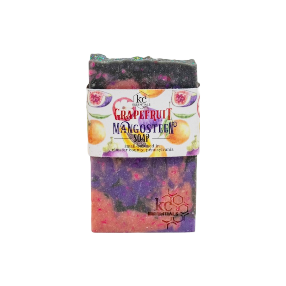 A meddly of colors in pink, purple and blue create the artisanal bar soap.
