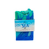 Swirls of blue green and teal shape waves in this artisan bar soap