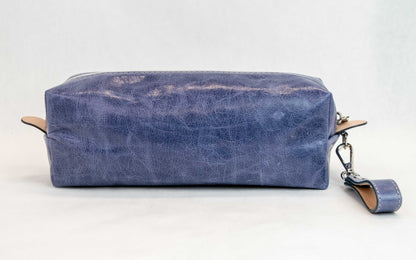 Back view of T5 bath dopp kit toiletry wash bag designer handcrafted of smooth calf leather in Atlantic denim blue