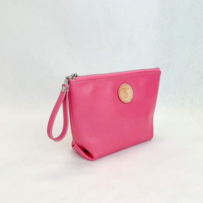 Side view T5 Cosmetics case toiletry bag designer handcrafted in smooth calf leather in frosted pink.