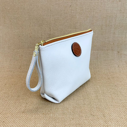 Side view T5 Cosmetics case toiletry bag designer handcrafted in smooth calf leather in yacht white..