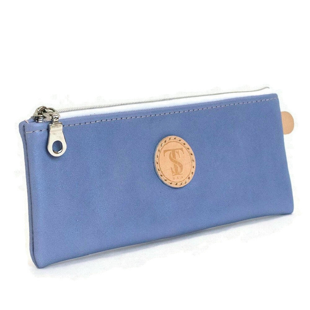 Front of T5 Handcrafted Leather Brush Pencil Toiletry Bag in light Periwinkle blue.