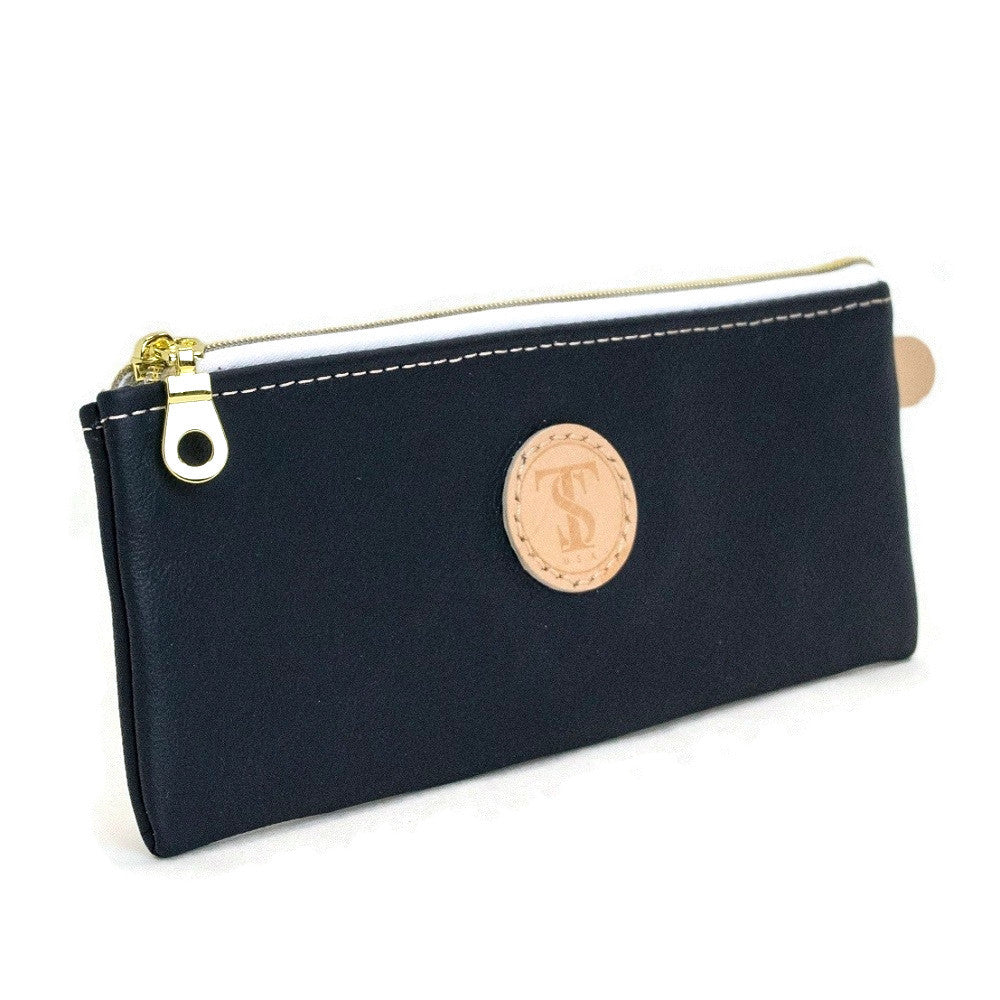 Front view of T5 Handcrafted Leather Brush Pencil Toiletry Bag in nautical navy.