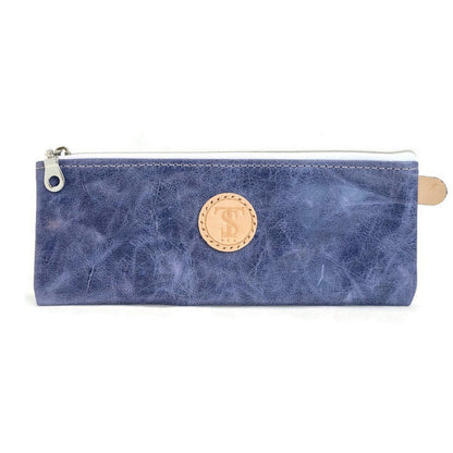 Front of T5 Handcrafted Leather Brush Pencil Toiletry Bag in Atlantic Denim Blue 
