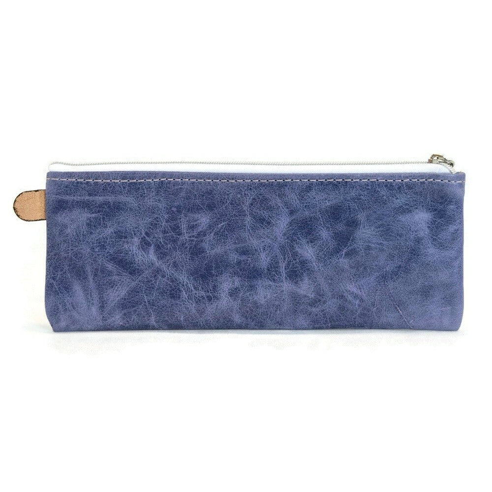 Back view of T5 Handcrafted Leather Brush Pencil Toiletry Bag in Atlantic Denim Blue 