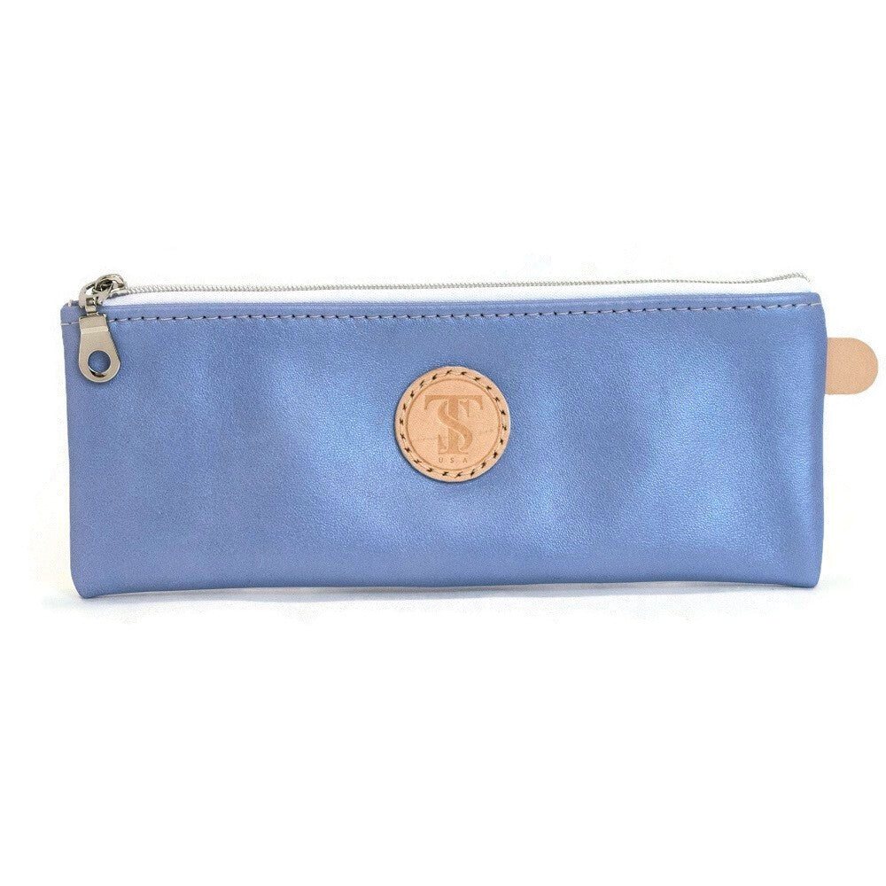 Front of T5 Handcrafted Leather Brush Pencil Toiletry Bag in light Periwinkle blue.