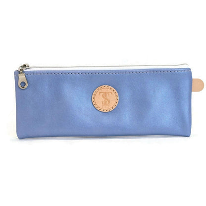 Front of T5 Handcrafted Leather Brush Pencil Toiletry Bag in light Periwinkle blue.