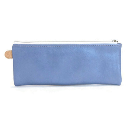 Back of T5 Handcrafted Leather Brush Pencil Toiletry Bag in light Periwinkle blue.