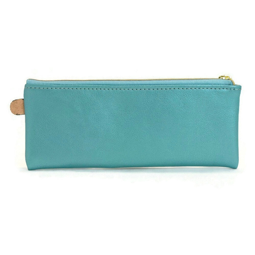 Back of T5 Handcrafted Leather Brush Pencil Toiletry Bag in turquoise.