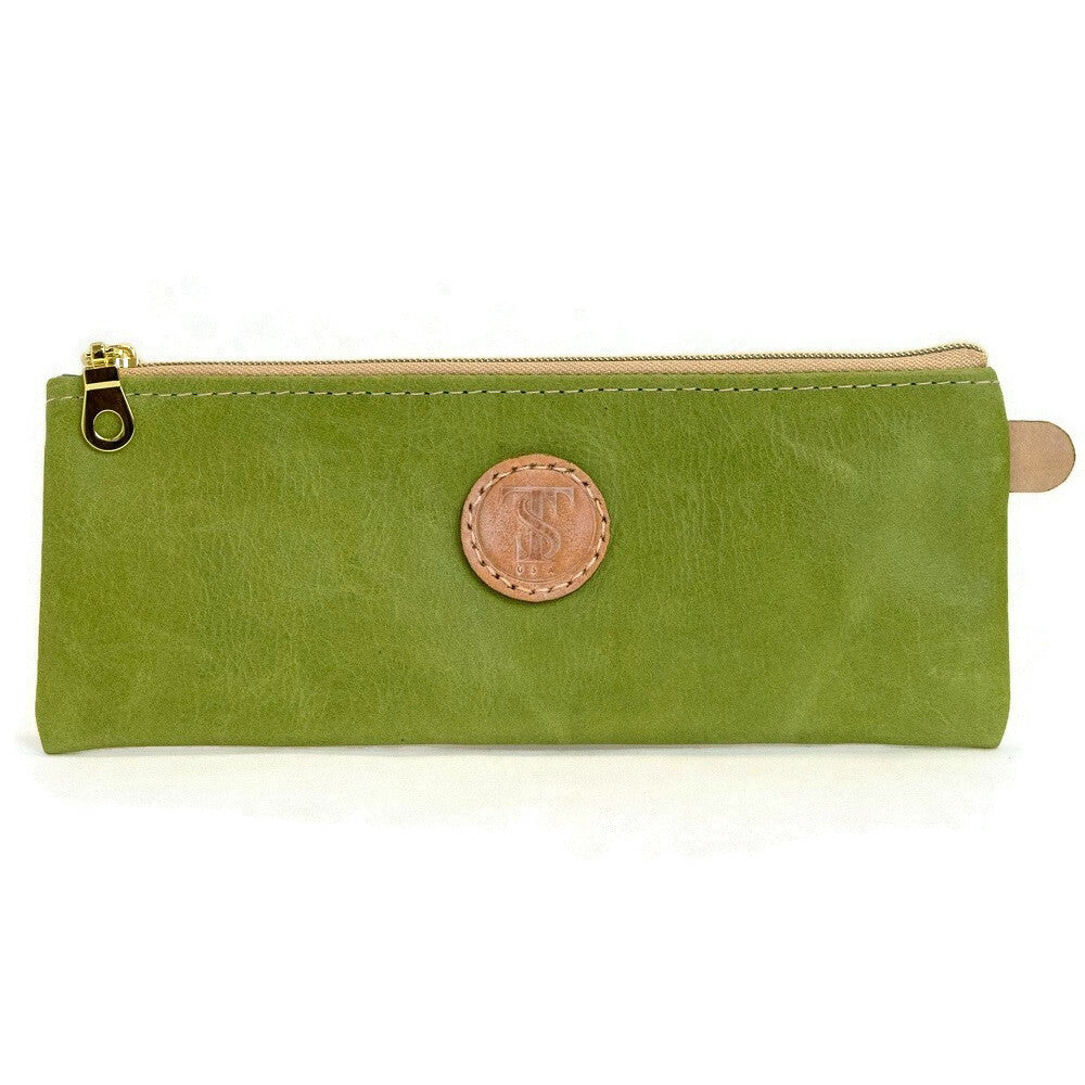 Front of T5 Handcrafted Leather Brush Pencil Toiletry Bag in vintage aloe green.