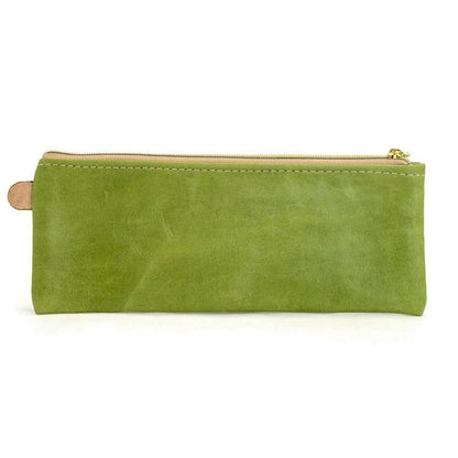 Back of T5 Handcrafted Leather Brush Pencil Toiletry Bag in vintage aloe green.